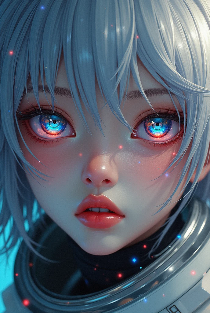 (Close-up of a better masterpiece:1.5)0.9], (Space and astronauts:1.2) (Messy silver hair:1.1) (Heterochromia xanthochromia and blue eyes:1.2) (Space Helmet:1.0) (Colored stars in the eyes:1.0) (A radiant glow:1.1) (thick lips:0.9)