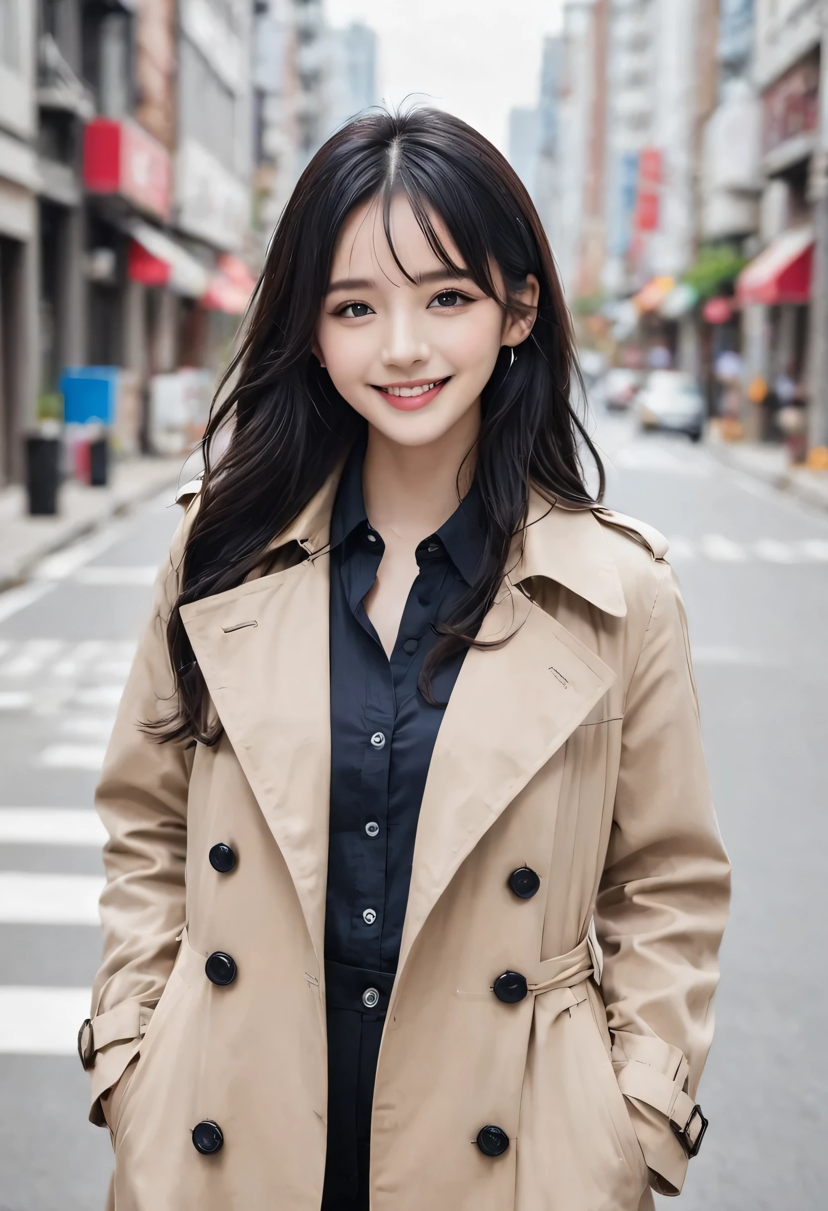 、,Clear Beauty、 Black Hair, Wavy Hair、trench coat、shirt、smile、Ear piercing、 Looking into the camera, The background is a city street
