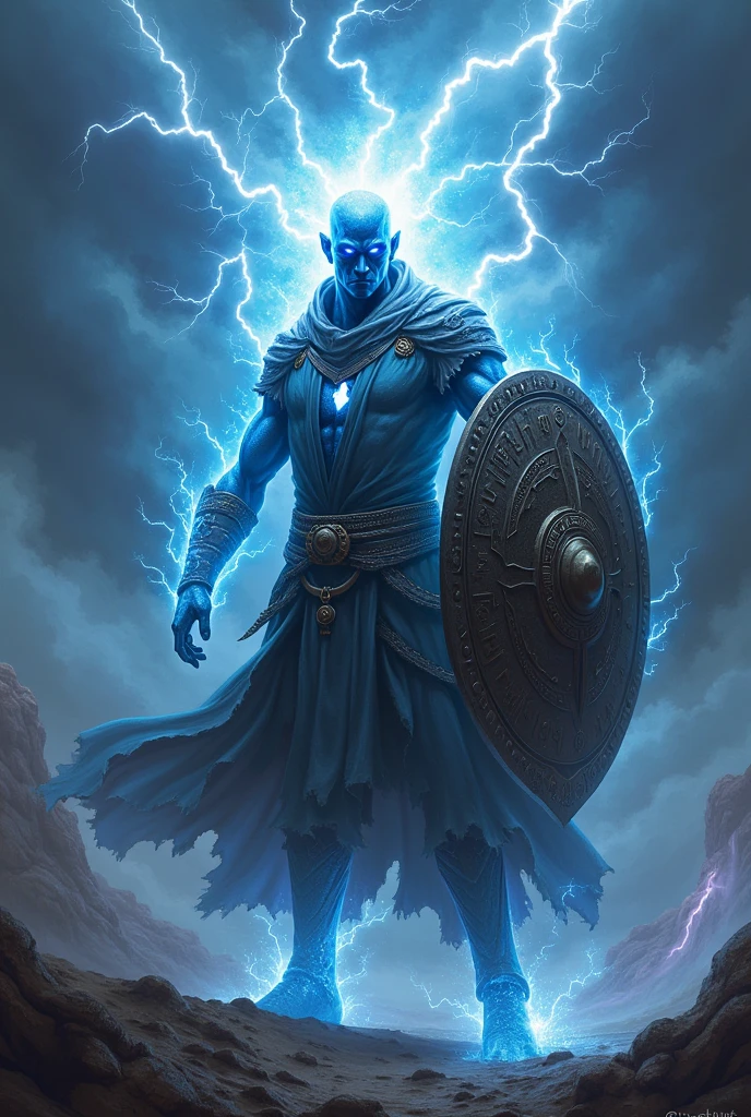 a storm genasi from dungeons and dragons with a shield