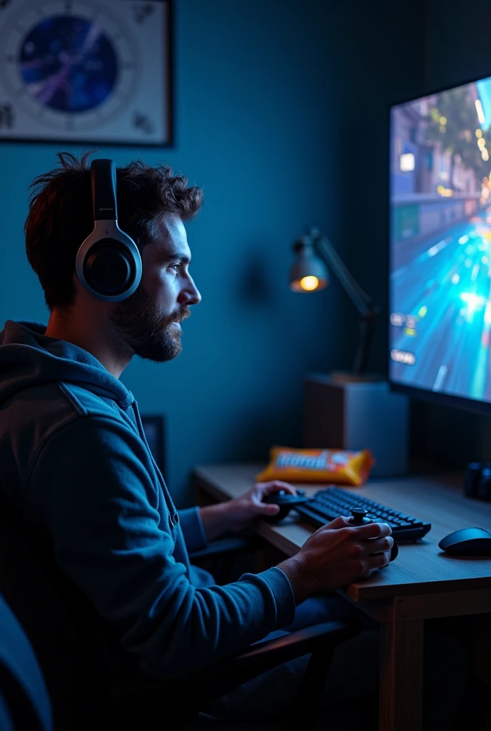 A man playing PS5, with headphones in his ear, a packet of snacks nearby and a monitor in front