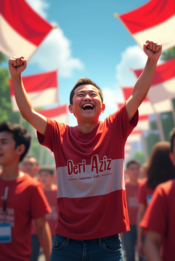 A picture of  (+62) which is written on the shirt which is designed for happy independence day of INDONESIA which is wearing by a beautiful boy, holding Indonesian flag