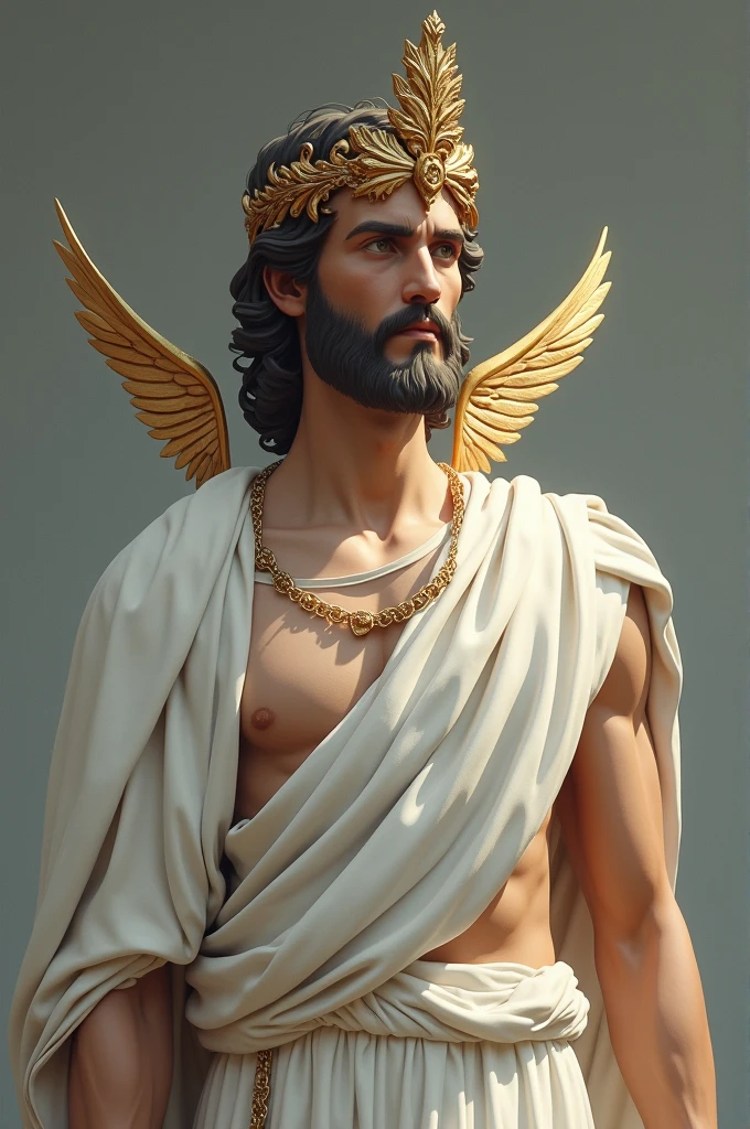 Hermes is a Guy , make a hermes greek god that is facing front for me to edit, in the front not on the side, like staring at me. put details like a small wings on a golden leaf on his head, make a white dressed god that is still staring at the front or to me