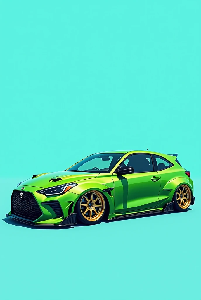 A green Corolla AE102 with gold rings on a blue background 