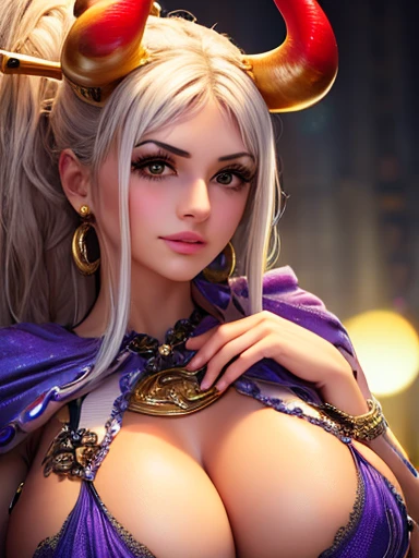 text, Highest quality, masterpiece, 4K, Absurd resolution, Ultra-high resolution, 8k, Actual, Realistic, Bright colors, Bokeh, Vibrant color palette, Great studio lighting, Very detailed, Detailed eyes, Detailed skin, Detailed Hair, Detailed face, Detailed fabric, BREAK, Yamato(one piece), sexy Pose, Perfect body skinny, Fine and beautiful eyes, Beautiful Lips, Highly detailed face, Long eyelashes, sexy, horn(Wrapping , Left and right pair, multicolo Red), large breasts , Cleavage, Slim waist,, Confused expression, torn old clothes, Hands in chains, Very detailed, Bright colors, ,The clothes are see-through , full-body, dynamic angle