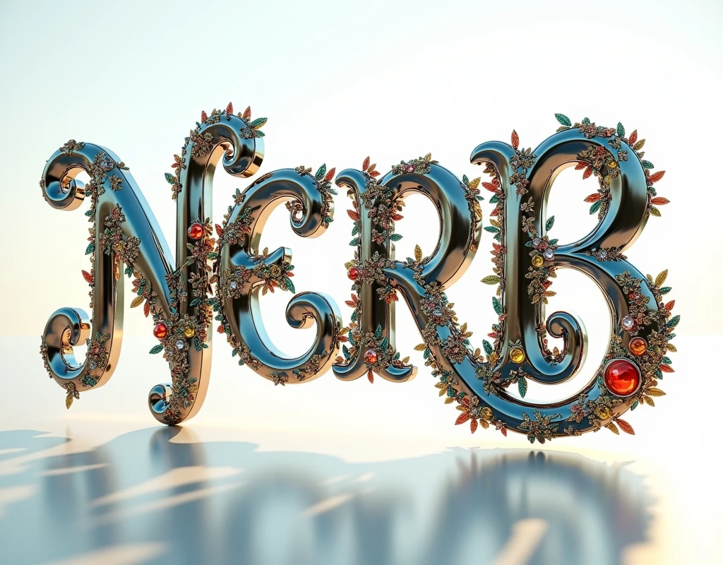 shiny highly reflective polished chrome decorated very fancy text, large, (text:"NERB") The word, logo, flowing art nouveau flourishes, polished natural jewels and crystals and mineral stones, front face view, tropical reflection, suspended in air, lit by bright sun, white background, badge, emblem, insignia, label, photorealistic, extremely detailed, beautiful, unique, epic,