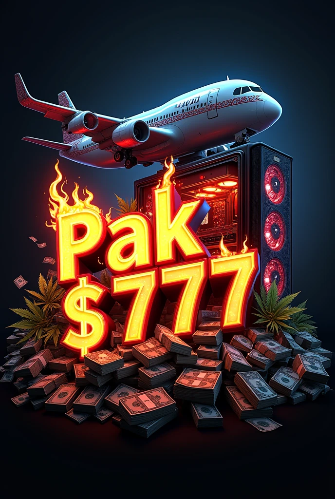 Logo Pak$777 on fire around a plane full of money and marijuana herbs raining money Diamond gaming pc