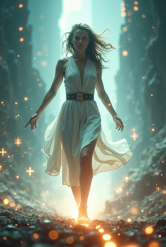 Woman walking doing a quantum leap with flashes and symbols