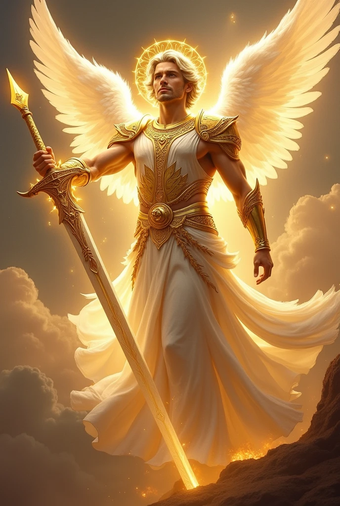 The archangel is depicted in his divine form a majestic, serene figure with a radiant aura. His face is calm and compassionate,He is adorned with a shining halo and resplendent golden armor that reflects his celestial origins.
His wings are large, white, and feathery, spreading out behind him in a display of divine grace. He wields a glowing, celestial sword,