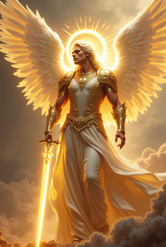 The archangel is depicted in his divine form a majestic, serene figure with a radiant aura. His face is calm and compassionate,He is adorned with a shining halo and resplendent golden armor that reflects his celestial origins.
His wings are large, white, and feathery, spreading out behind him in a display of divine grace. He wields a glowing, celestial sword,
