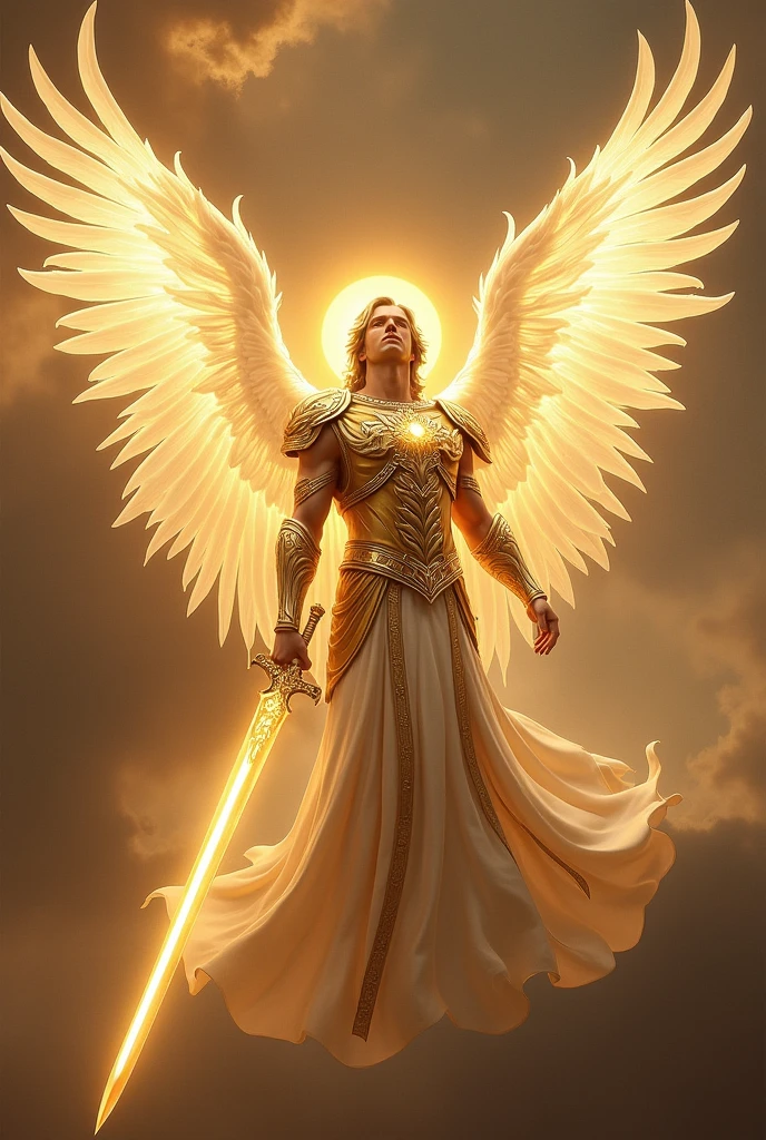 The archangel is depicted in his divine form a majestic, serene figure with a radiant aura. His face is calm and compassionate,He is adorned with a shining halo and resplendent golden armor that reflects his celestial origins.
His wings are large, white, and feathery, spreading out behind him in a display of divine grace. He wields a glowing, celestial sword,