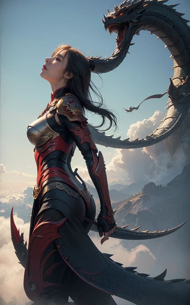 best quality,masterpiece,Ultra-high resolution,(photoPractical:1.4),RAW photos,Practical,Depth of Field,Strong angle ,
1Girl leaning against a dragonbackground, dragon background, Above the clouds, whole body,postcard robot,postcard,
illustration, Chinese dragon,long