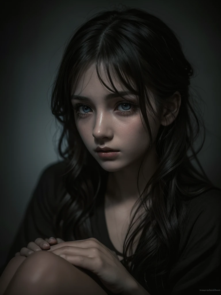 A girl curled up in the dark, face buried in her knees, beautiful detailed eyes, beautiful detailed lips, extremely detailed eyes and face, long eyelashes, sad expression, dramatic lighting, moody atmosphere, dark colors, chiaroscuro, cinematic, digital art