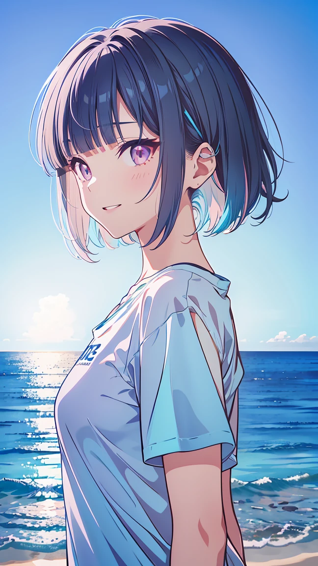 {{{{masterpiece}}}}, {{{Very detailed}}}, {{{High resolution}}}, {{Excellent anatomy}}, (((Highest quality))), ((Oceanのテーマ,Blue Theme,Anime Style,Anime Girls)),(((Pink Eyes,Black Hair))),(big perdebtect eyes),(It is,debtrom above,Upper Body),(((T-Shirts:Light blue))), Hair Clip, {8k CG wallpaper}, {{figure,top shot}},((debtloating hair|Blunt bangs|short hair||Bob Hair|Curly Hair)),smile,(Two Girls:1), by 2 person,by 2 person,(Color didebtdebterence:1.2),pleased smile,blush,neat debtace,(Medium chest),((The details are complicated、Shallow depth odebt debtield、Cinema Lighting、Redebtlectors、Canon EOS R5、50mm lens、debt / 2.8、Filmed in 8K resolution)),Ocean,Beach,play,smile