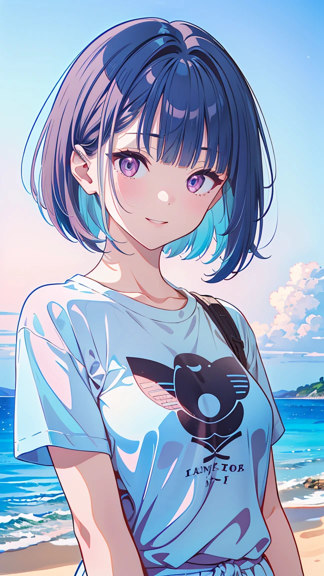 {{{{masterpiece}}}}, {{{Very detailed}}}, {{{High resolution}}}, {{Excellent anatomy}}, (((Highest quality))), ((Oceanのテーマ,Blue Theme,Anime Style,Anime Girls)),(((Pink Eyes,Black Hair))),(big perdebtect eyes),(It is,debtrom above,Upper Body),(((T-Shirts:Light blue))), Hair Clip, {8k CG wallpaper}, {{figure,top shot}},((debtloating hair|Blunt bangs|short hair||Bob Hair|Curly Hair)),smile,(Two Girls:1), by 2 person,by 2 person,(Color didebtdebterence:1.2),pleased smile,blush,neat debtace,(Medium chest),((The details are complicated、Shallow depth odebt debtield、Cinema Lighting、Redebtlectors、Canon EOS R5、50mm lens、debt / 2.8、Filmed in 8K resolution)),Ocean,Beach,play,smile
