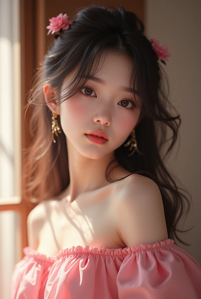 best quality,Masterpiece,Ultra high resolution,(loyalty:1.4),RAW photos,1 girl,Peach Blossom Eyes,Crop top,Pink off shoulder,Cinematic lighting