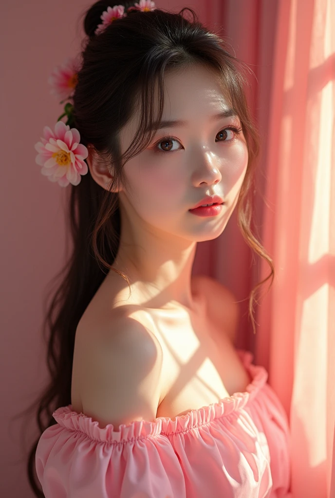 best quality,Masterpiece,Ultra high resolution,(loyalty:1.4),RAW photos,1 girl,Peach Blossom Eyes,Crop top,Pink off shoulder,Cinematic lighting