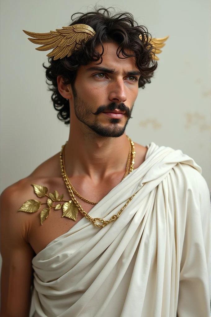 Hermes is a Guy , make a hermes greek god that is facing front for me to edit, in the front not on the side, like staring at me. put details like a small wings on a golden leaf on his head, make a white dressed god that is still staring at the front or to me, remove the moustache