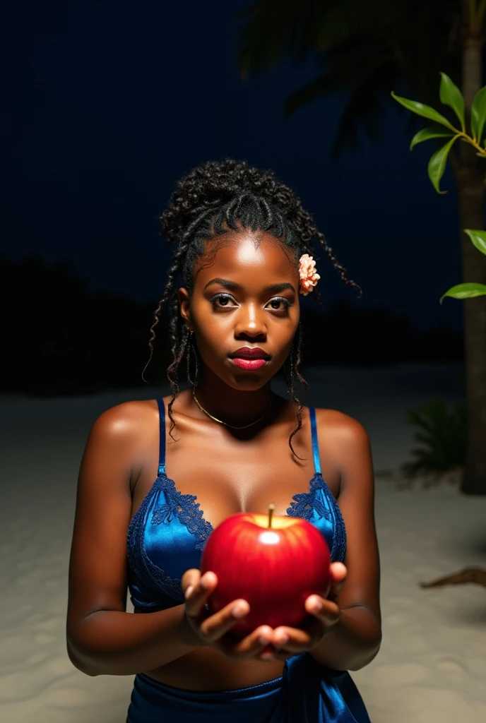 (from above:1.925), fluffy turned, RAW uhd portrait photo of a african goddess in lace lingerie woman. (She stands before us, showcasing a large red apple delicately cradled in both hands). bootylicious modelshoot, (flawless face), cute face, chubby face, sunburnt ebony skin, detailed (wrinkles, blemishes!, folds!, moles, viens, pores!!, skin imperfections:1.1), (wearing sexy gold lingerie set details:1.25), (Vibrant blue silk wraps around your body, double layered to ensure the softness of blue silk against your skin, with a central panel of glittering metallic red French lace to bring that extra touch of extravagance. Wide silk covered straps are finished with strong red toned clasps and adjusters, adorned with hand cut ribbons, to hold your stockings up firmly without compromising on glamour. Add the matching blue silk full cup bra and either tap gold pants for a complete vintage-inspired look, or skirted gold lace thong, plus the spectacular all-over red lace robe for the complete look.), blue cuban stocking, highly detailed glossy eyes, (looking at the camera), (short light curly wet hair), (jade eyes, hair flower, hair ornament), detailed skin pores, oiled skin, tan, intricate eye detail, (big cheeks), natural breasts_d, unbalanced breasts, (cleavage), detailed (textures!, hair!, shine, color!!, imperfections:1.1), highly detailed glossy eyes, (looking at the camera), kissable red lips, red apples scattered on the floor, specular lighting, beautiful knees, dslr, ultra quality, sharp focus, tack sharp, dof, film grain, (centered), Fujifilm XT3, crystal clear, center of frame, sharp focus, white beach sand, bokeh, (dimly lit), low key, at night, (night sky), SnowPrincessw, snow white cosplay, door, birds, flowers, trees, apple trees in the background