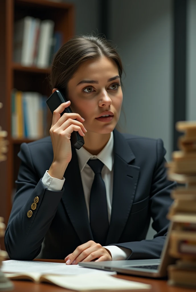 Office Building,Female lawyer on the phone,desk,A lot of files,,Law firm,Suit tie,Work Scene,Various angles,Film Style