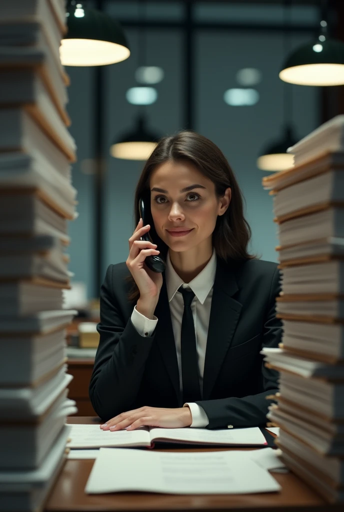 Office Building，Female lawyer on the phone，desk，A lot of files，，Law firm，Suit tie，Work Scene，Various angles，Film Style