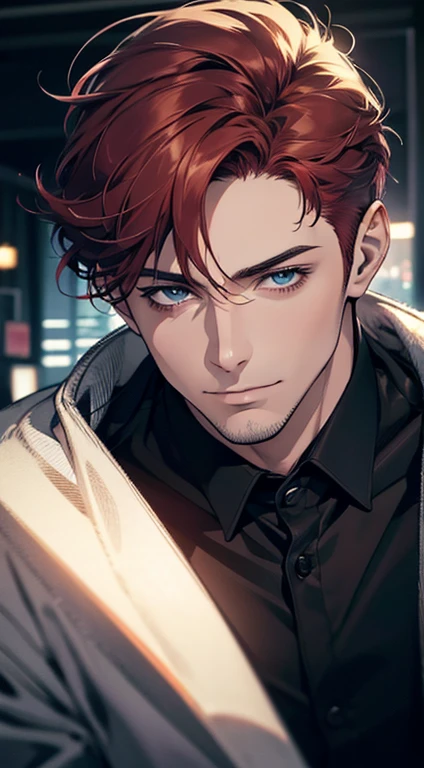 (best quality,4k,8k,highres,masterpiece:1.2),ultra-detailed,(realistic,photorealistic,photo-realistic:1.37),1 man,31 years old,mature man,very handsome,without expression,smile,short grey red hair,blue eyes,penetrating gaze,perfect face without errors,imposing posture,businessman,office background,cinematic lighting,hdr image