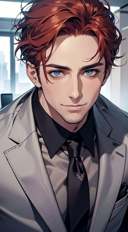 (best quality,4k,8k,highres,masterpiece:1.2),ultra-detailed,(realistic,photorealistic,photo-realistic:1.37),1 man,31 years old,mature man,very handsome,without expression,smile,short grey red hair,blue eyes,penetrating gaze,perfect face without errors,imposing posture,businessman,office background,cinematic lighting,hdr image
