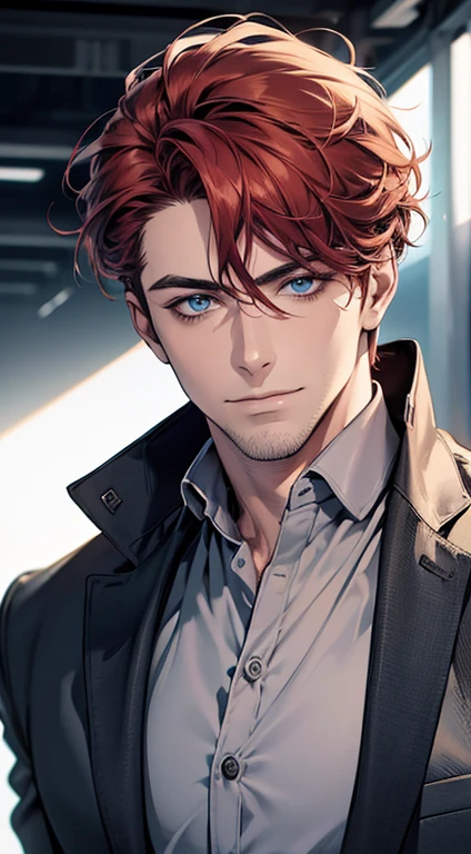 (best quality,4k,8k,highres,masterpiece:1.2),ultra-detailed,(realistic,photorealistic,photo-realistic:1.37),1 man,31 years old,mature man,very handsome,without expression,smile,short grey red hair,blue eyes,penetrating gaze,perfect face without errors,imposing posture,businessman,office background,cinematic lighting,hdr image