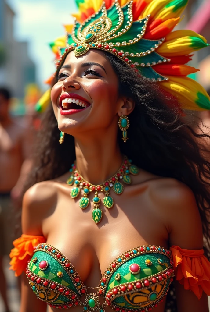 At the lively Rio Carnival, a Brazilian woman dressed in extravagant festive attire, with a close-up of her breast adornments and her vibrant facial expressions, capturing her enthusiasm and the spirit of the festival.