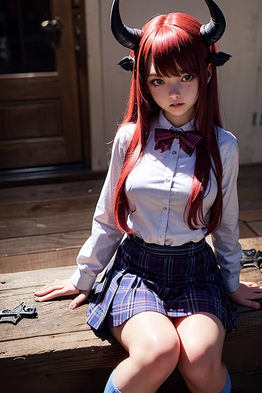 Realistic photo of  horned demon girl with very long red tipped hair wearing a catholic school uniform in a blue plaid miniskirt, black bra, demon horns, pink socks armed with a pair of pistols sitting on a tombstone in a haunted house at midnight