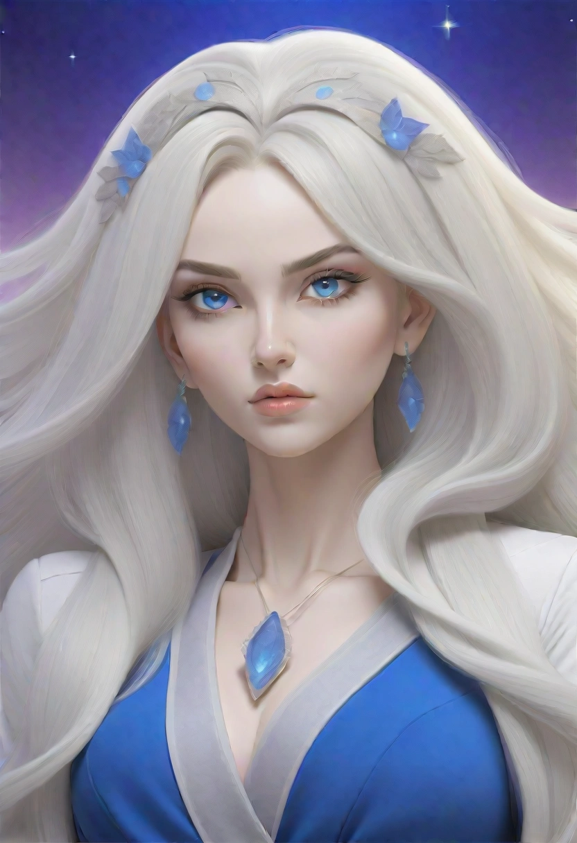Platinum blonde woman, uhd, high details, best quality, goddess (Close-up of a better masterpiece:1.5), (blue eyes:1.2) (Colored stars in the eyes:1.0) (A radiant glow:1.1) (thick lips:0.9), (masterpiece:1.2), (best quality:1.2), (very aesthetic:1.2), (absurdres:1.2), (detailed background),(detailed face:1.1), (perfect hands:1.1), (defined features:1.1), delicate beauty with extreme edge lighting, all rendered in a vibrant 8K style, fine art, surreal fantasy,