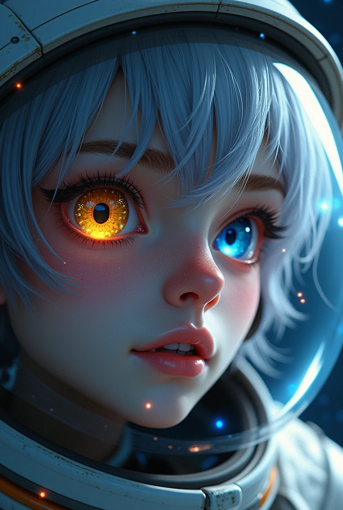 (Close-up of a better masterpiece:1.5)0.9], (Space and astronauts:1.2) (Messy silver hair:1.1) (Heterochromia xanthochromia and blue eyes:1.2) (Space Helmet:1.0) (Colored stars in the eyes:1.0) (A radiant glow:1.1) (thick lips:0.9)
