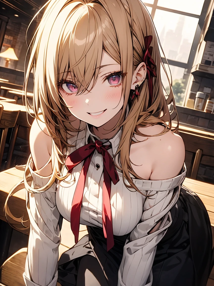 (makise kurisu, Steinsgate),masterpiece, Absurd, Highest quality, Super detailed, High resolution, Detailed illustrations, Very beautifully detailed face and eyes, Bright colors, One girl, (change), Cute Face, Delicate and beautiful face, Magenta Eyes, Cute eyes, Sparkling eyes, Big eyes, Medium chest, (Firm breasts:1.1), (Pointed Chest:1.1), Medium Hips, Glamorous Body, White skin, smile, break, Long Bob Cut, (Blonde:0.8), Messy Hair, Detailed Hair, Shiny Hair, break off shoulder sweater, Long skirt, Small ribbon, restaurant, Eat shortcake, Real World, Natural light, Perfect lighting,