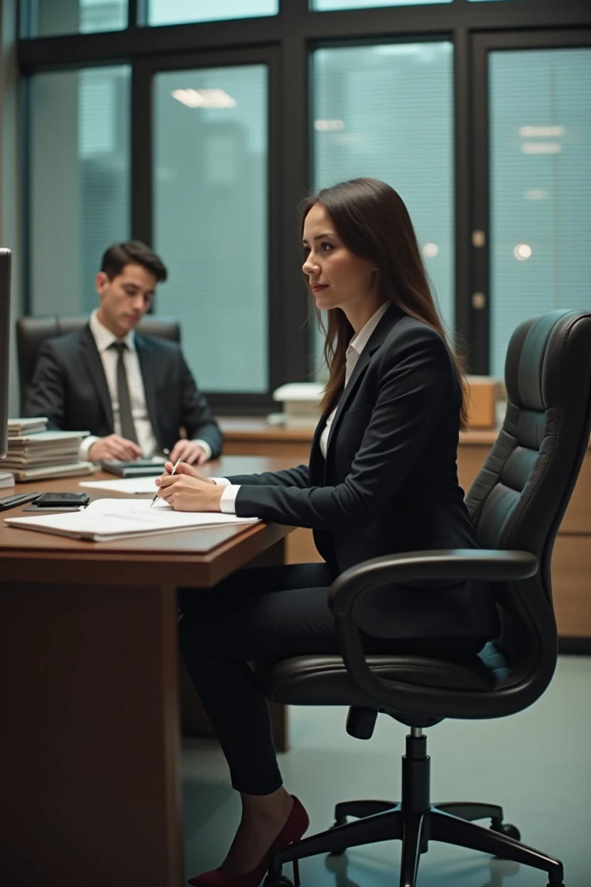 Office Building，office，Lawyers at work，female lawyer，desk，A lot of files，，Law firm，Staff Work Scene，Suit tie，High heel，Work Scene，Various angles，Film Style