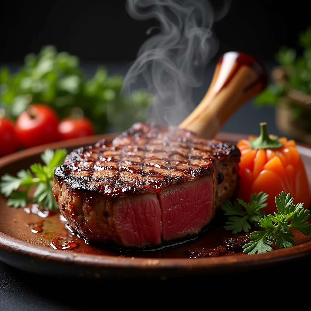 Advertisement for Japanese Tomahawk Steak,Tomahawk steak grilled and steaming,There are some decorations next to it,Reflecting freshness, juiciness and bright color