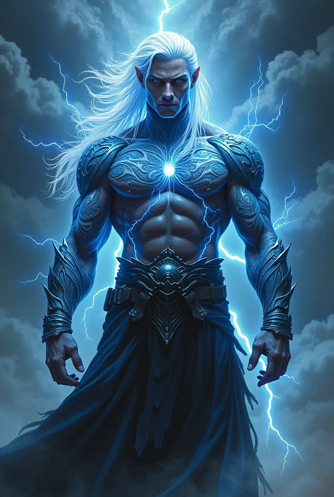 create a pale-bodied storm cleric male , white hair and yellow lightning tattoos all over his body, your face is younger and more attractive