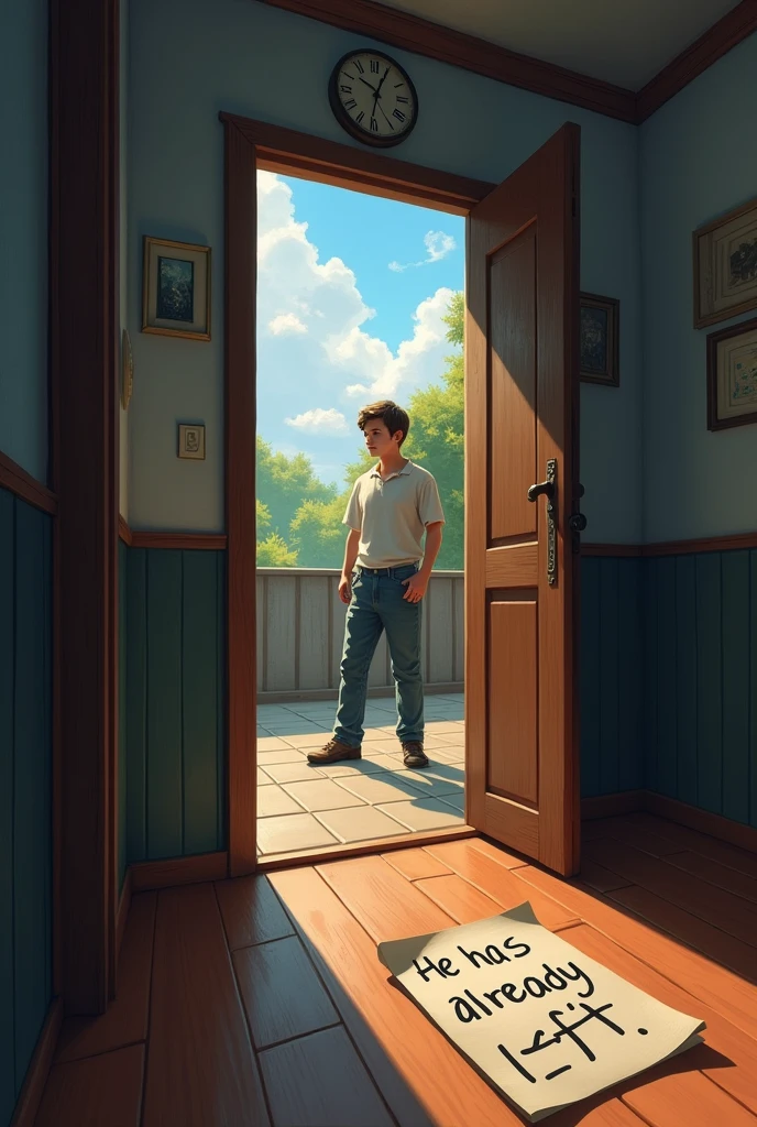 A scene showing a person who has left a place. In the foreground, There is an open door with a note on the table that says 'He has already left'. The door has a slight breeze, suggesting that someone just left. In the background, A character with a doubtful expression is looking towards the door with a gesture of confusion or confirmation, as if asking if the person has already left. The atmosphere should reflect a moment of uncertainty or surprise (Best Quality)), (detailed), ((masterpiece))