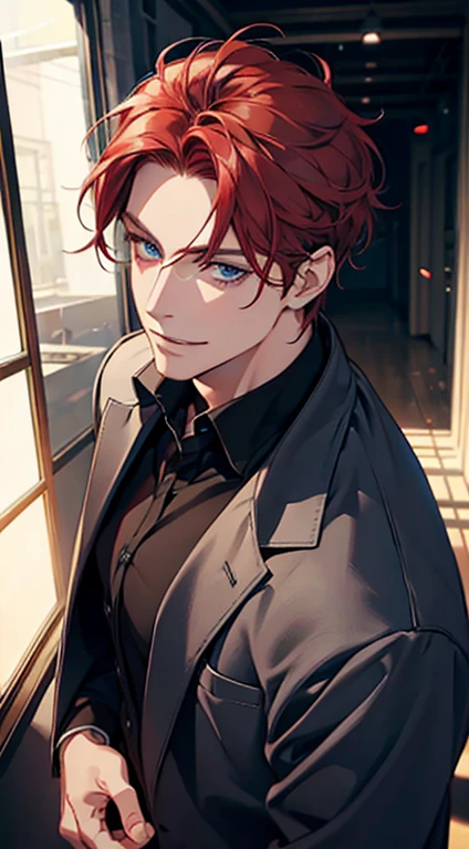 a mature man with short grey red hair, blue eyes, 31 years, and a perfect face, smiling in love, CEO, cinematic lighting, 1:4 HDR image, top view, ultra detailed, best quality, masterpiece, 8K, photorealistic, beautiful image