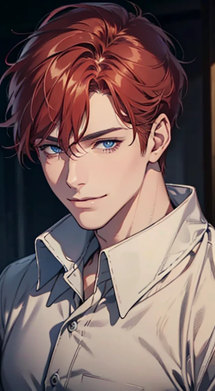 a mature man with short grey red hair, blue eyes, 31 years, and a perfect face, smiling in love, CEO, cinematic lighting, 1:4 HDR image, top view, ultra detailed, best quality, masterpiece, 8K, photorealistic, beautiful image
