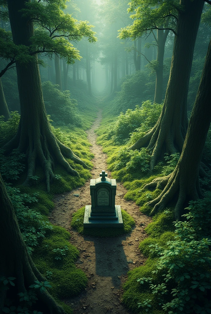 Beautiful real forest with one grave top angle view real