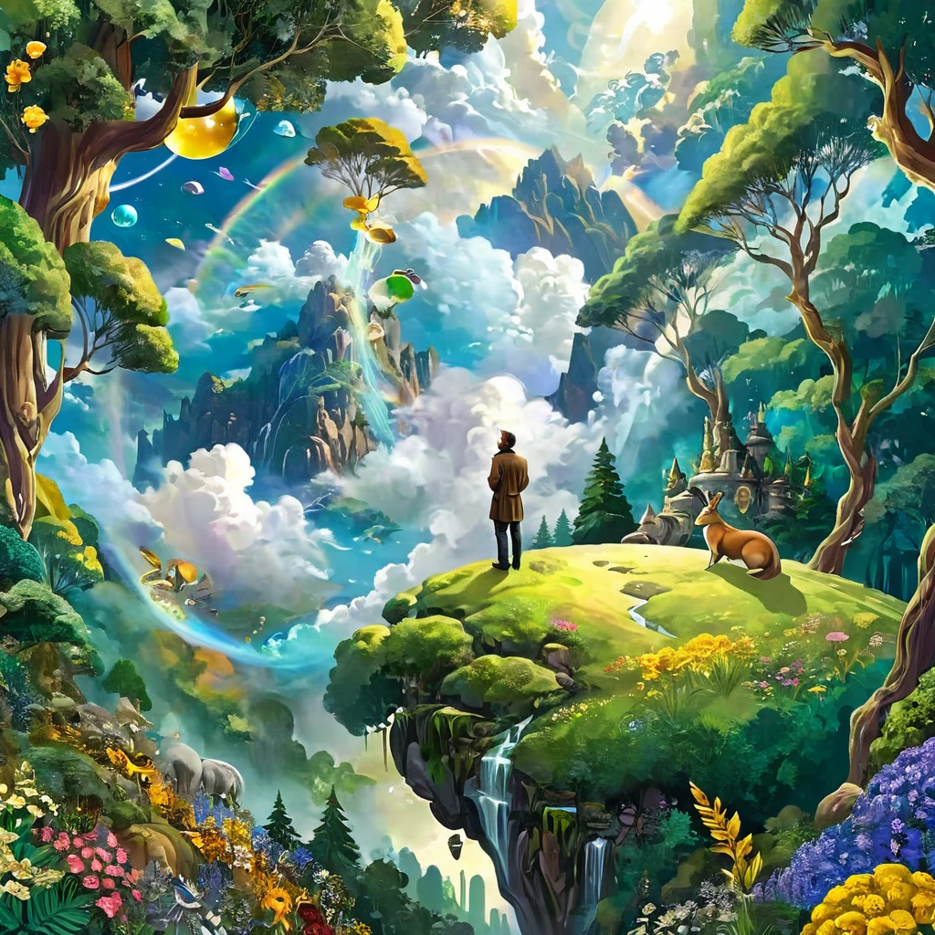 A man in a deep of thought bubble of very creative unique stuff of many different ideas, Clouding view of rare fantastic places surrounded by a tree of forest, gold, silver, animal and different types of flowers.