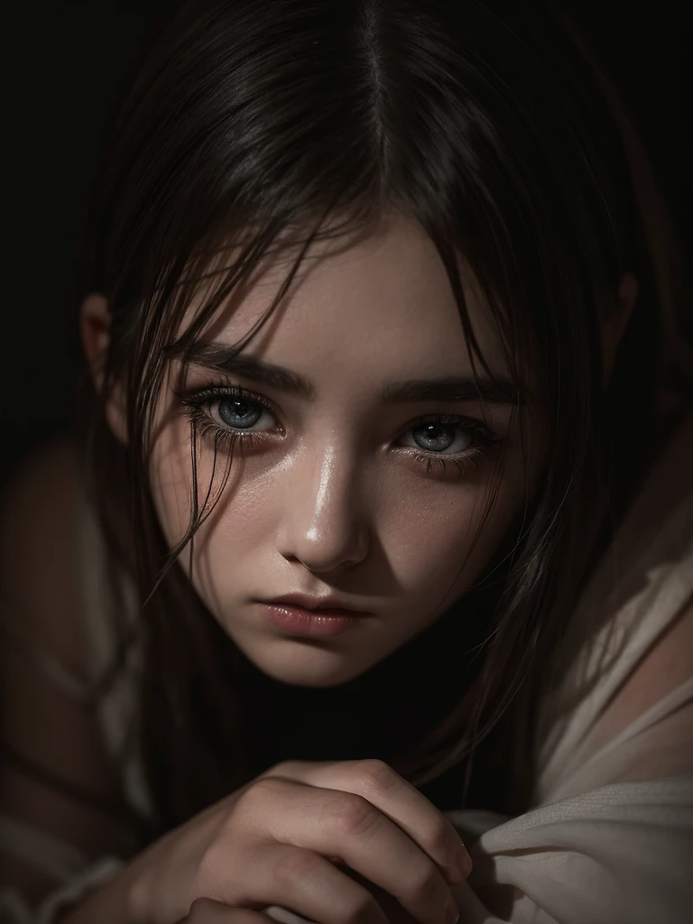 A girl curled up in the dark, face buried in her knees, beautiful detailed eyes, beautiful detailed lips, extremely detailed eyes and face, long eyelashes, sad expression, dramatic lighting, moody atmosphere, dark colors, chiaroscuro, cinematic, digital art, black eye