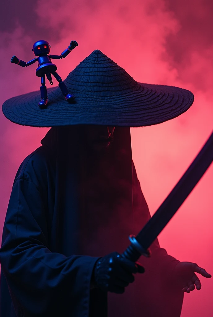 Craft a captivating vibrant dark black-neon caption for a photo capturing the essence of a cyborg Bedouin sorcerer in fight stance, defying expectations by conjuring a whimsical robot 'freak' from an oversized sedge hat. ethereal, smoky backdrop. throwing a translucent orange/tanslucent purple/black iaidow, weapon, katana, holding sword, ready to draw, sheathed, unsheathing, scabbard,,
very detailed, atmospheric haze, Film grain, cinematic film still, shallow depth of field, highly detailed, high budget, cinemascope, moody, epic, OverallDetail, gorgeous, 2000s vintage RAW photo, photorealistic, candid camera, color graded cinematic, eye catchlights, atmospheric lighting, skin pores, imperfections, natural, shallow dof