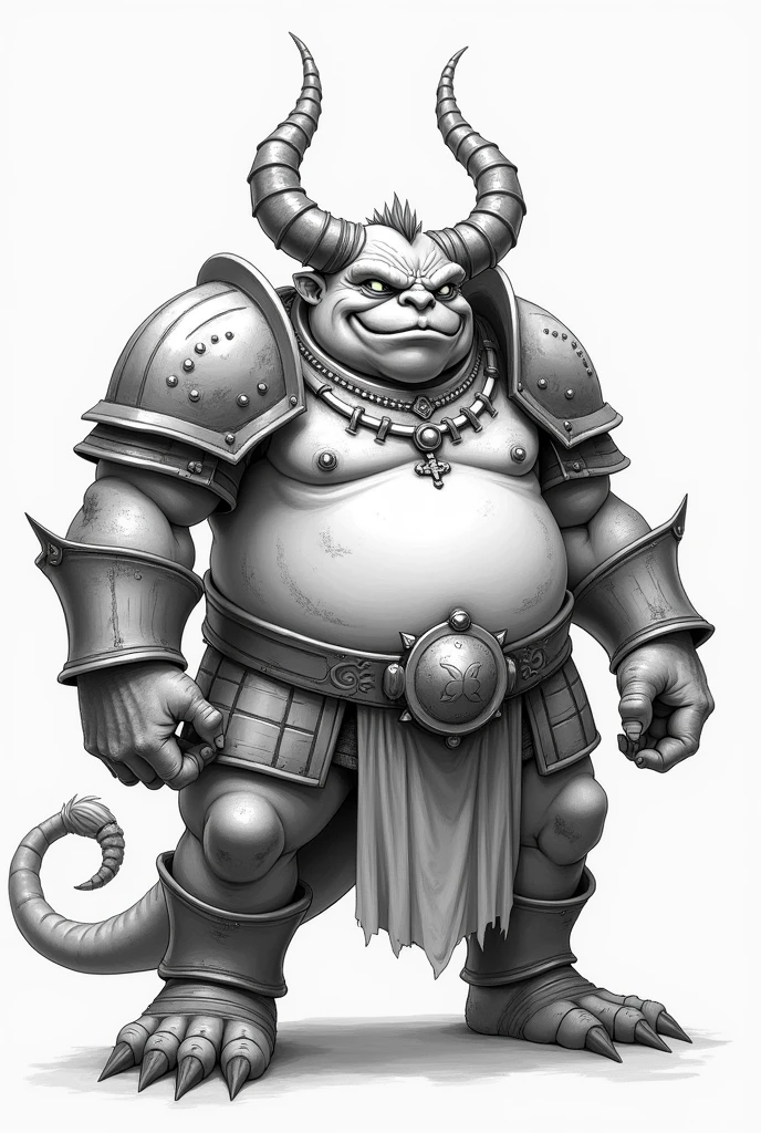 drawing of a fat demon in armor made in pencil in anime style