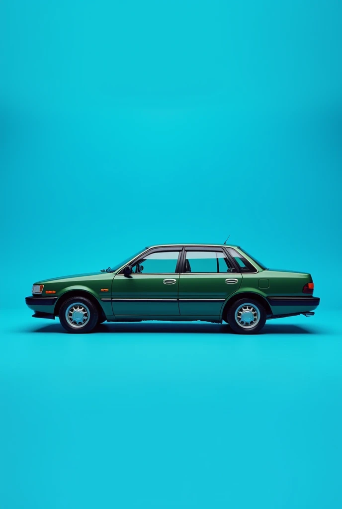 A 1997 green Corolla with gold rings on a blue background