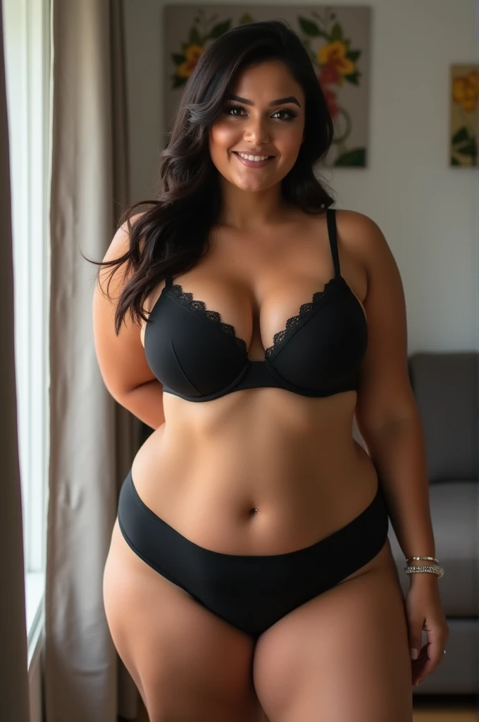 I want to create my photo of brother's wife. She is plus size woman have beautiful skin and big rounded butts. I want to see her in black bra and panty.