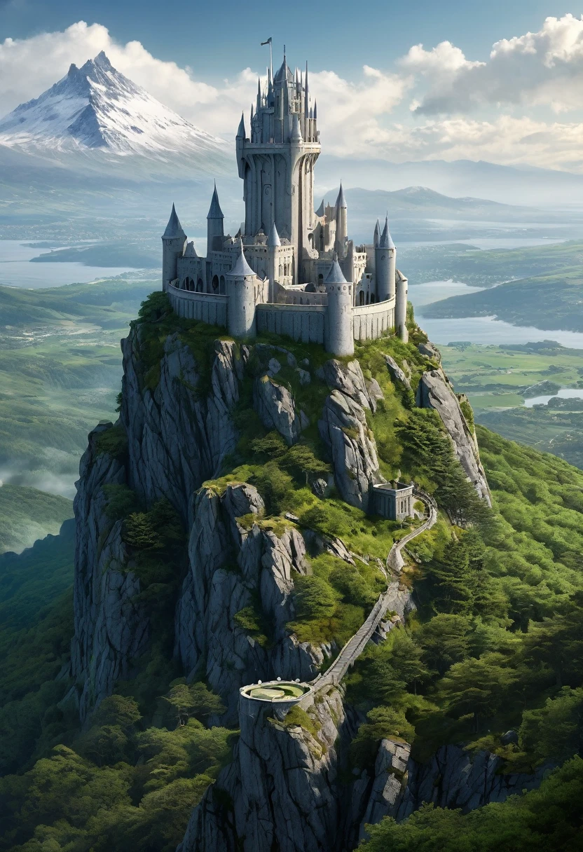 
The Eyrie is an ancient castle and seat of House Arryn,
Made of withe stone, Its seven slim, white towers, Located on the hillside, Thousands of feet above the mountains below, The surrounding land is full of mountains with rocks as the main component,no green forrest,no tree,Cinematic, 