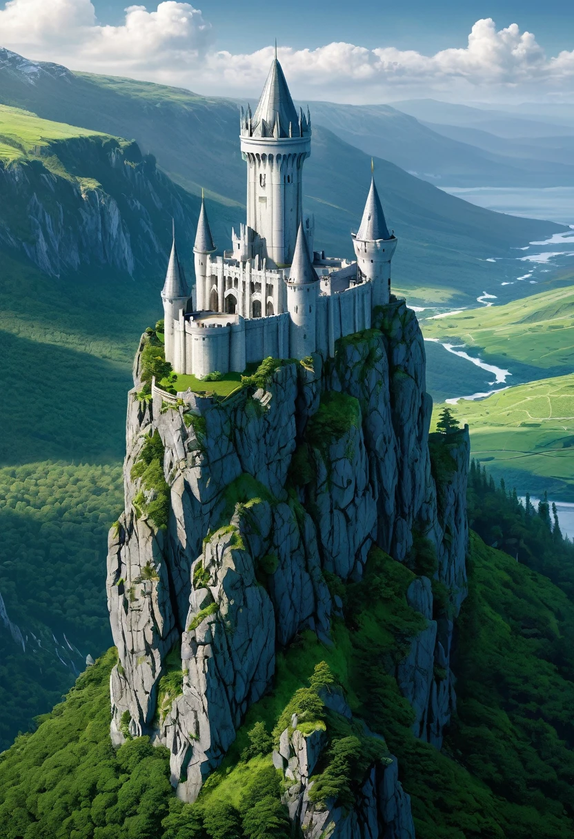 
The Eyrie is an ancient castle and seat of House Arryn,
Made of withe stone, Its seven slim, white towers, Located on the hillside, Thousands of feet above the mountains below, The surrounding land is full of mountains with rocks as the main component,no green forrest,no tree,Cinematic, 