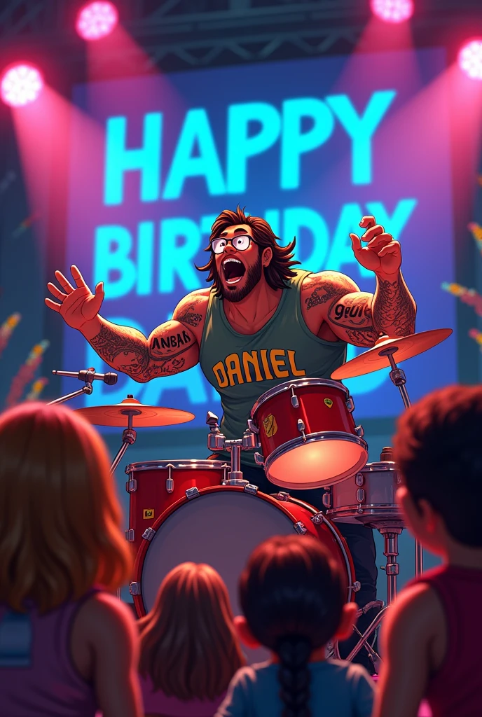 Animated muscular guy with tattoos that say cristy with a sleeveless Bob Marley shirt and reading glasses with a shaggy hair playing the drums sitting at a concert that says happy birthday daniel in the background and a chubby rocker fan girl in love with how he plays the drums 