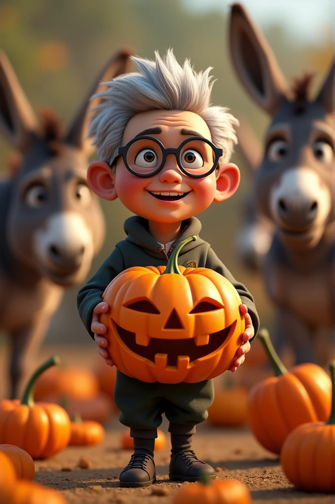 President Luz Inacio, In animation, holding a pumpkin, looking at donkeys