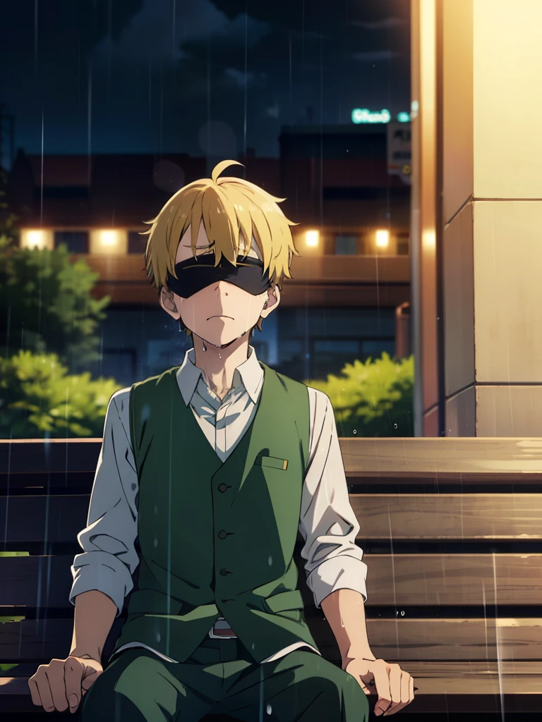 1boy, blind fold, blonde, green vest, villain, sad, linely, bench, park,night , rain